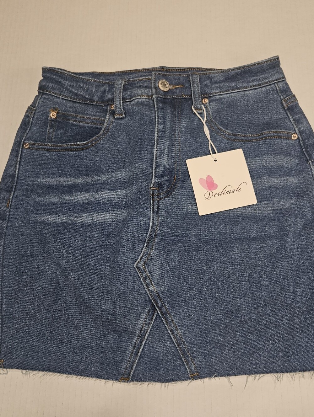 NWT Deslimale Blue Denim Mini Skirt Stretch Frayed Raw Hem Small (Size 4)